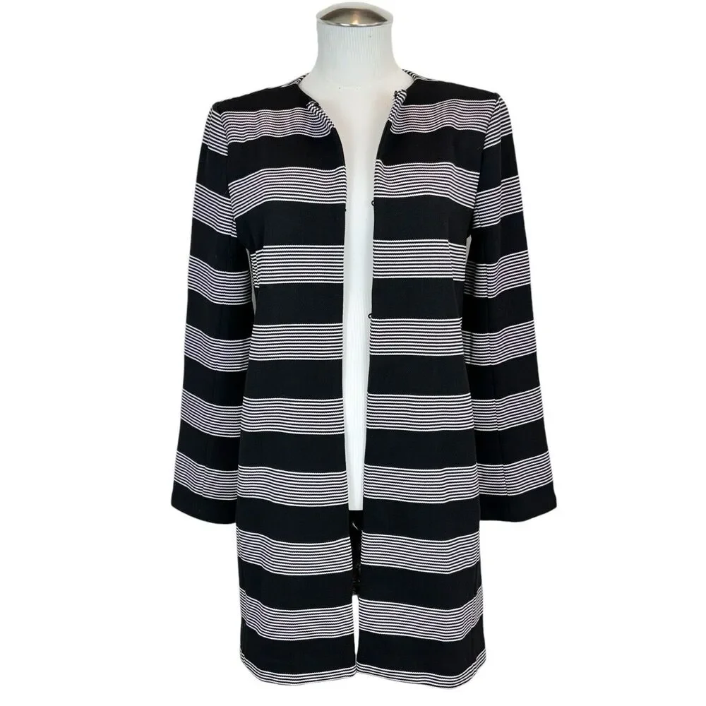 English Factory Sz S Black White Striped Long Sleeve Blazer Coat Hook Loop Close